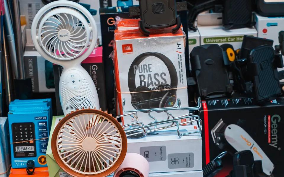 Fans and electrical appliances displayed in an electronics shop