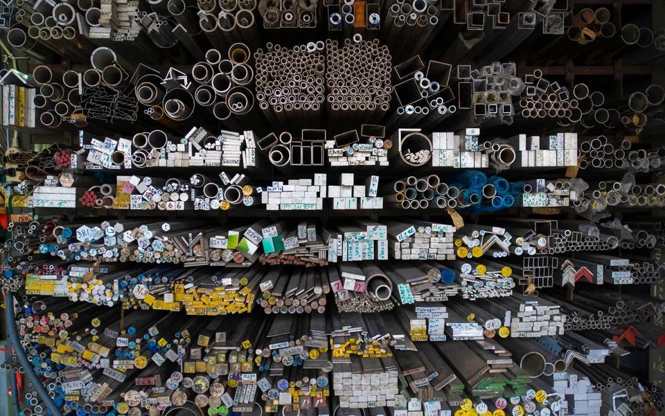 Pipes and fittings arranged in a hardware store